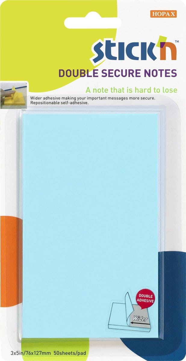 Stick'n sticky notes - extra brede lijmlaag, 76x127mm, blauw, 50 memoblaadjes