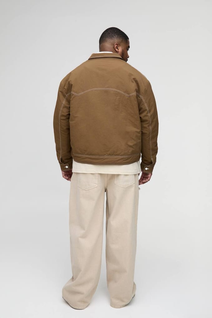 Plus Contrast Stitch Padded Boxy Western Jacket | Tobacco | Size 2XL