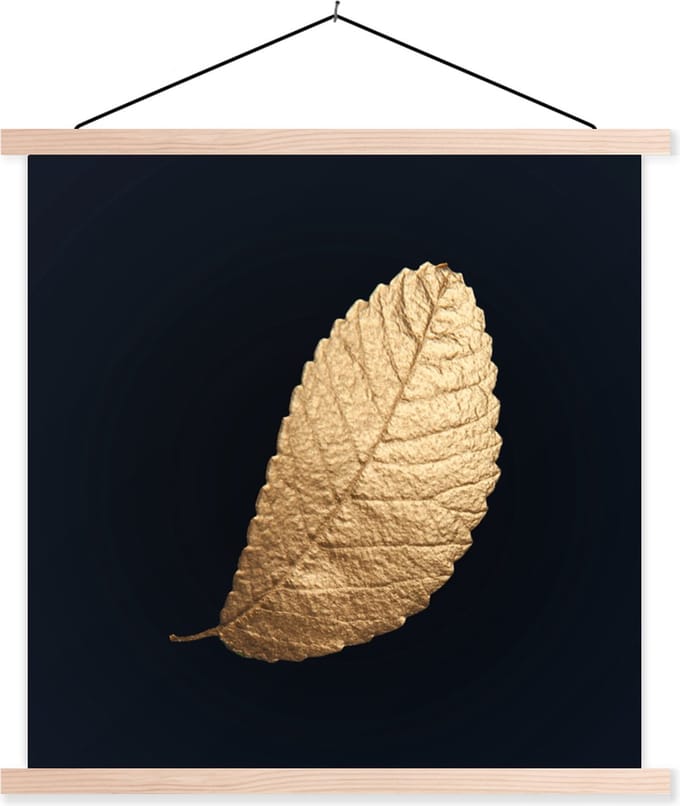 Posterhanger incl. Poster 60x60 cm - Schoolplaat - Goud - Bladeren - Zwart - Planten - Luxe - Natuur - Textielposter - Blanke latten
