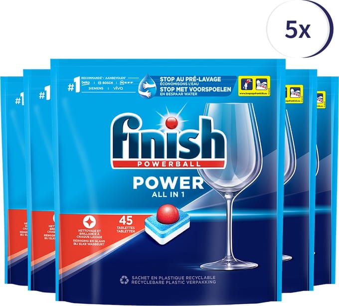 Finish Power All in 1 Regular Vaatwastabletten - 45 Stuks x5