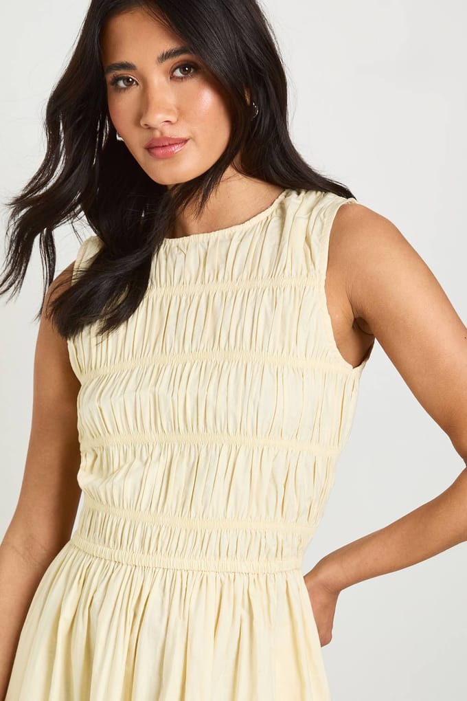 boohoo Dames Katoenen Poplin Gesmockte Maxi Jurk | Citroen | Maat: 34
