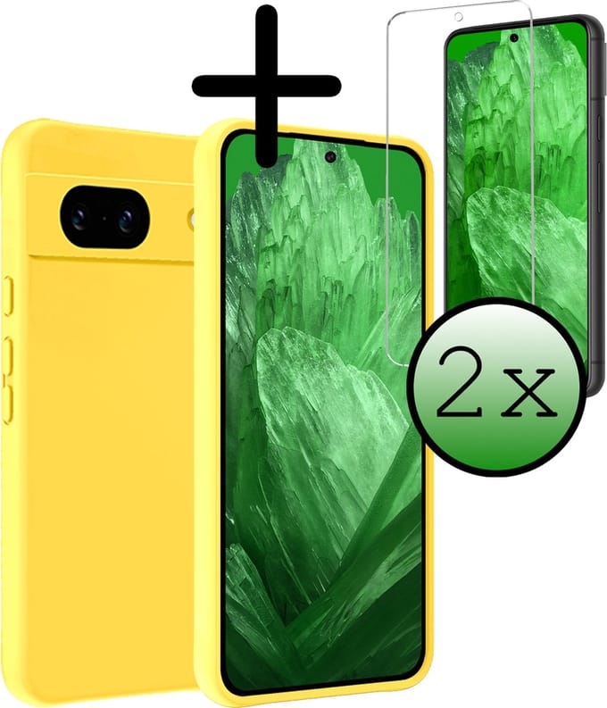 Hoesje Met 2x Screenprotector - Geschikt voor Google Pixel 8a - Sterk & Shockproof - Back Cover - Siliconen Case - Telefoon Hoes - Geel
