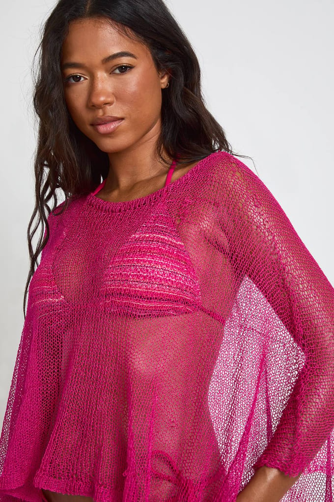 boohoo Dames Lichtgewicht Gehaakte Gebreide Cape | Roze | Maat: Large