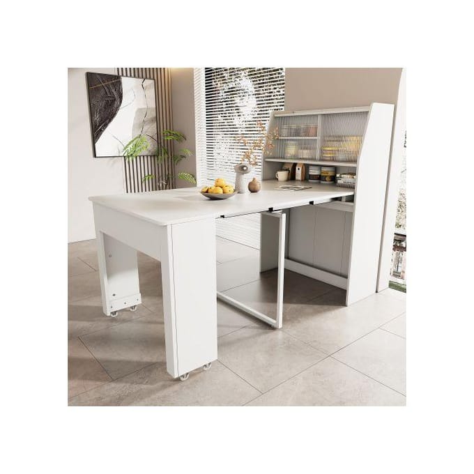 Table de salle à manger extensible, L52/132.5*L80*H76 cm, Table de salle à manger multifonctionnelle à faible encombrement, Blanc blanc