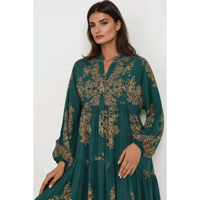Gedrukte Lange Mouwen Viscose Maxi Jurk