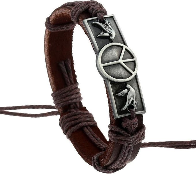 Fako Bijoux® - Leren Armband - Leder - Plate Peace - Bruin