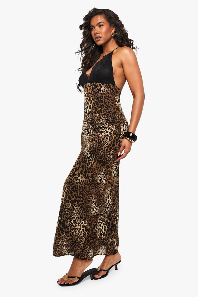 boohoo Dames Kanten Luipaardprint Maxi-jurk met bandjes | Maat: 38