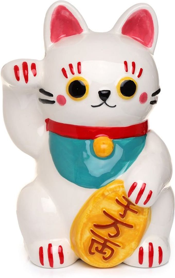Spaarpot - Maneki Neko Wit&Rood&Geel - Keramiek - 15x9.5x9.5cm