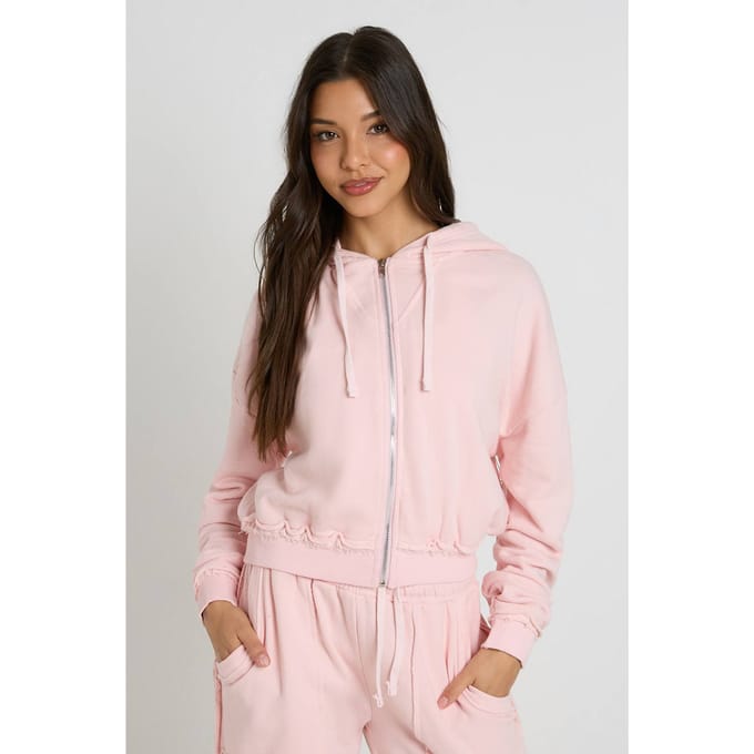 boohoo Dames Gewassen Loopback Distressed Cropped Hoodie Met Rits | Lichtroze | Maat: Large