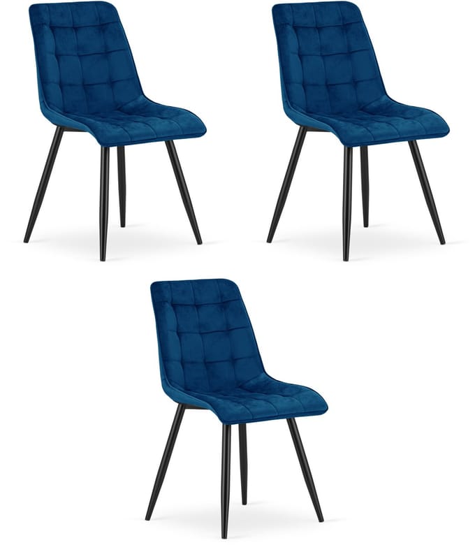 Set van 3 eetkamerstoelen SPLIT - Donkerblauw fluweel - Zwarte metalen poten - Modern design
