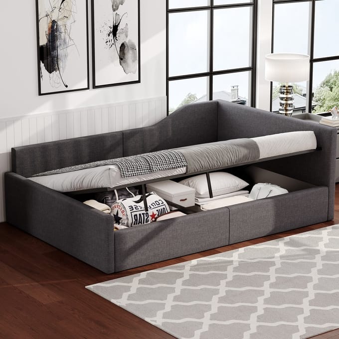 Sweiko Slaapbank - 140x200 cm - Opbergruimte - Gestoffeerd bed - Grijs