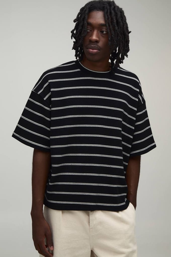 Oversized Boxy Gestreept Wafel T-shirt | Black | Size Medium