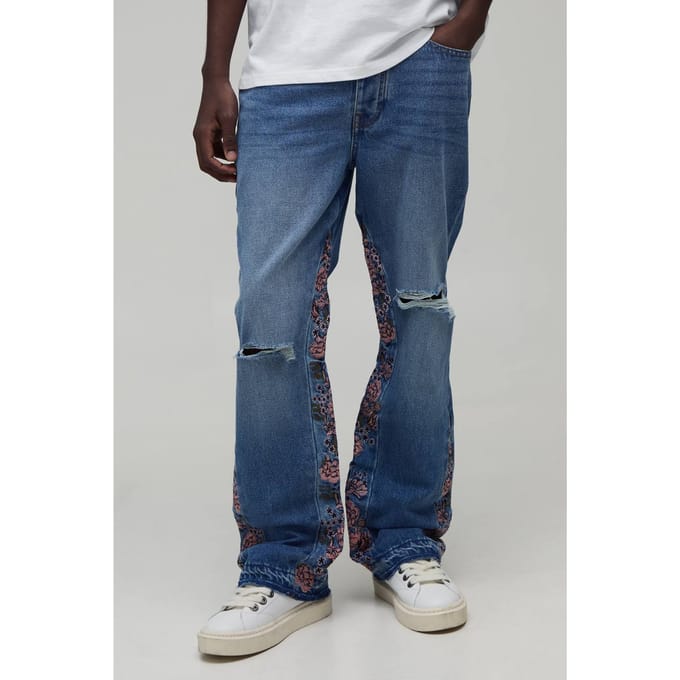 Slim Flared Jeans Met Gescheurde Knieën En Bloemeninserts | Mid Blue | Size 30R