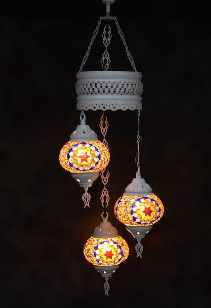 Oosterse lamp 3 glazen multicolur oranje bollen mozaiek kroonluchter