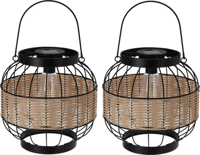 Pro Garden Lantaarn - 2x - solar - metaal - 24 x 24 cm - tuinverlichting - ophangbaar