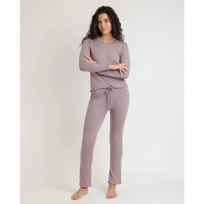 Dames pyjama met lange mouwen en geribbelde V-hals Admas Soft