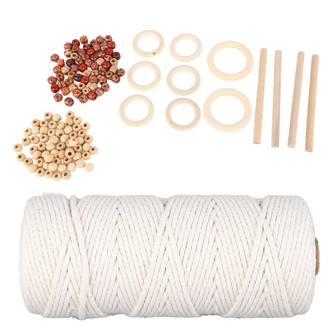 Macramé Kits voor Beginners Katoenen Macramé Koord met Houten Kralen Houten Ringen Macramé Plantenhanger white