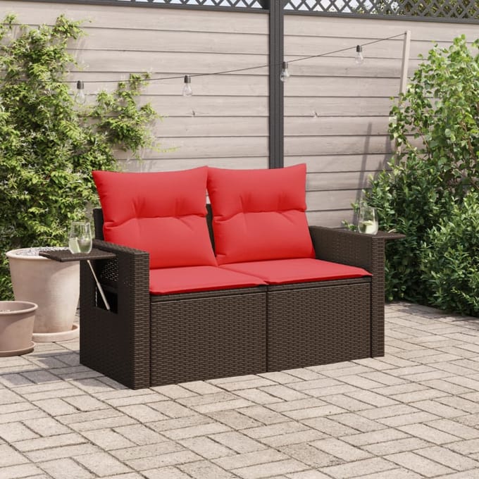 vidaXL - Tuinbank - met - kussens - 2-zits - poly - rattan - bruin
