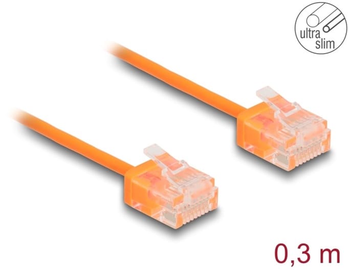 Delock RJ45 Network Cable Cat.6 UTP Ultra Slim 0.3 m orange with short plugs