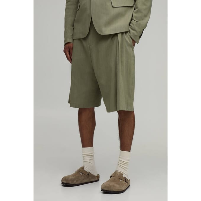 Linnen-look Wide Fit Plooifront Getailleerde Jorts | Olive | Size 36
