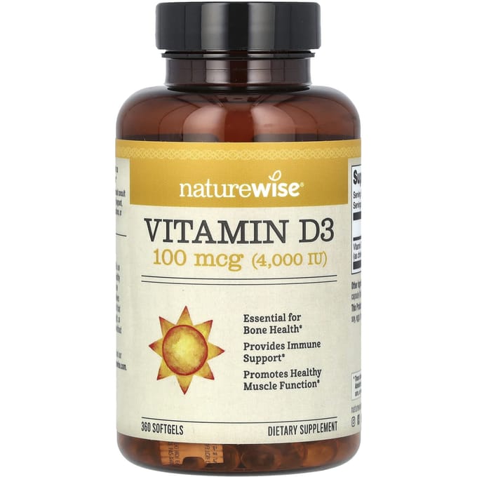 NatureWise, Vitamine D3, 100 mcg (4.000 IE), 360 zachte capsules