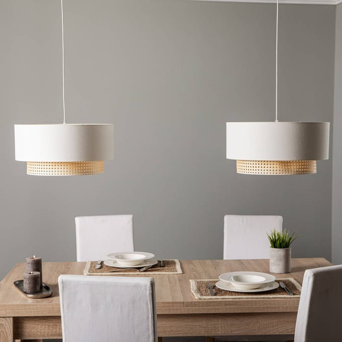 Duolla Boho-hanglamp, ecru/hout, 2-lamps, textiel/rotan