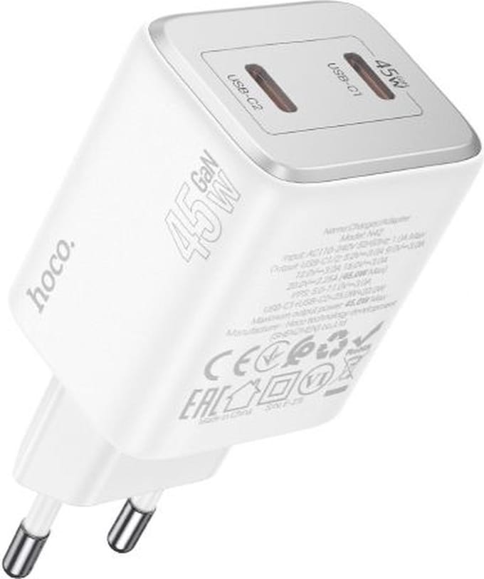 Hoco - 45W USB C Oplader - Snellader Geschikt voor iPhone en Samsung - Dubbele USB C Adapter - Wit