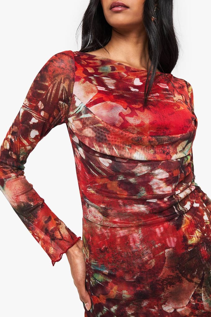 boohoo Dames Abstract Mesh Cowl Detail Mini-jurk | Orange | Maat: 8
