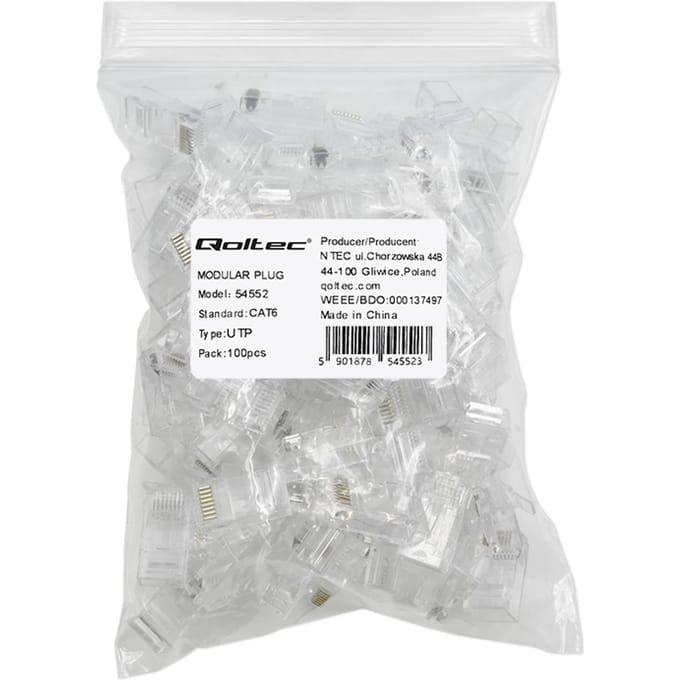 Qoltec Plug RJ45 modulaire connector |   CAT6 |   UTP |   Vergulde contacten |   100 stuks