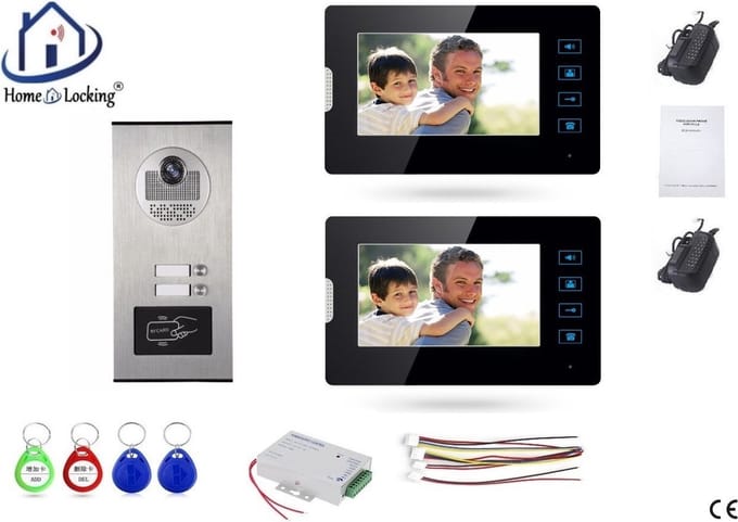 Home-Locking complete deur intercom/videofoon met 2 binnen panelen en elektro box 12VDC voor aansluiting elektrisch slot.DT-1477-1E-2