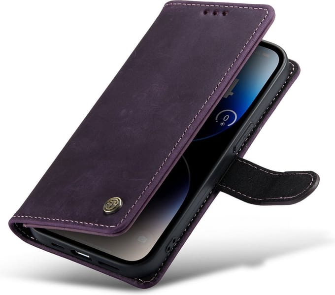 iPhone 14 Pro Bookcase hoesje - CaseMe - Effen Paars - Leer