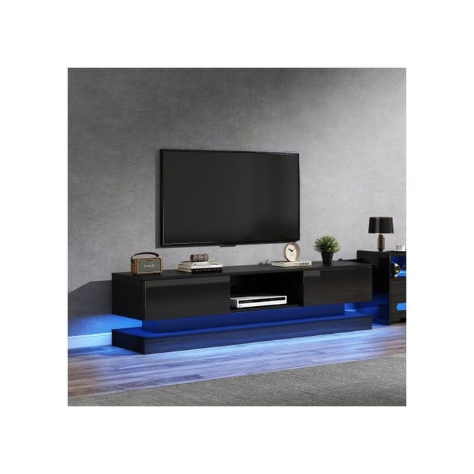 Support TV - MUVOE - 160 cm - Noir brillant - Éclairage LED - 2 tiroirs - Contrôle application