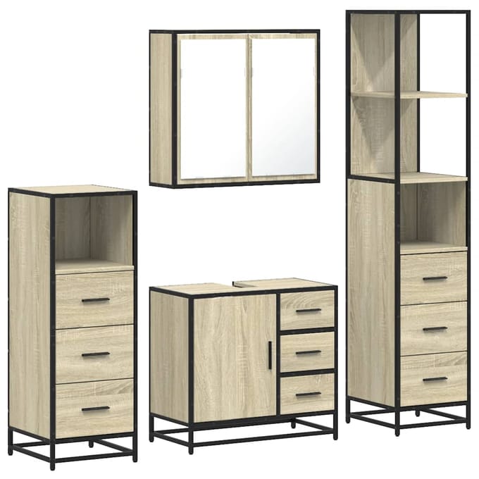 vidaXL - 4-delige - Badkamermeubelset - bewerkt - hout - sonoma - eikenkleurig