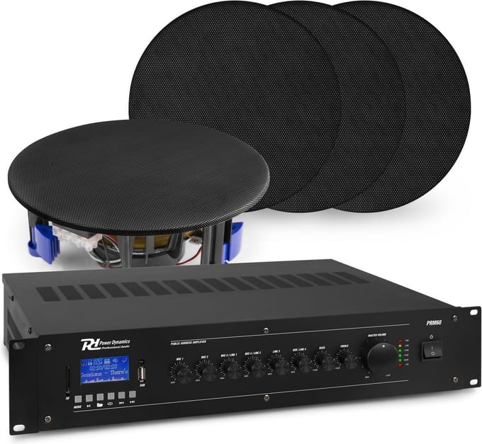 Geluidsinstallatie met Bluetooth, 4x zwarte inbouw speaker en 100v versterker van Power Dynamics