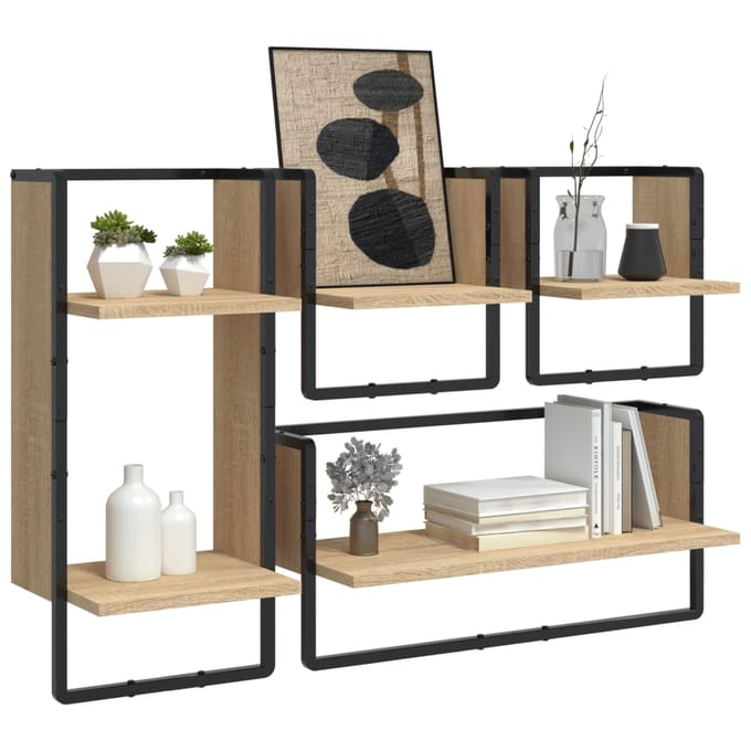vidaXL - 4-delige - Wandschappenset - met - stangen - bewerkt - hout - sonoma - eiken