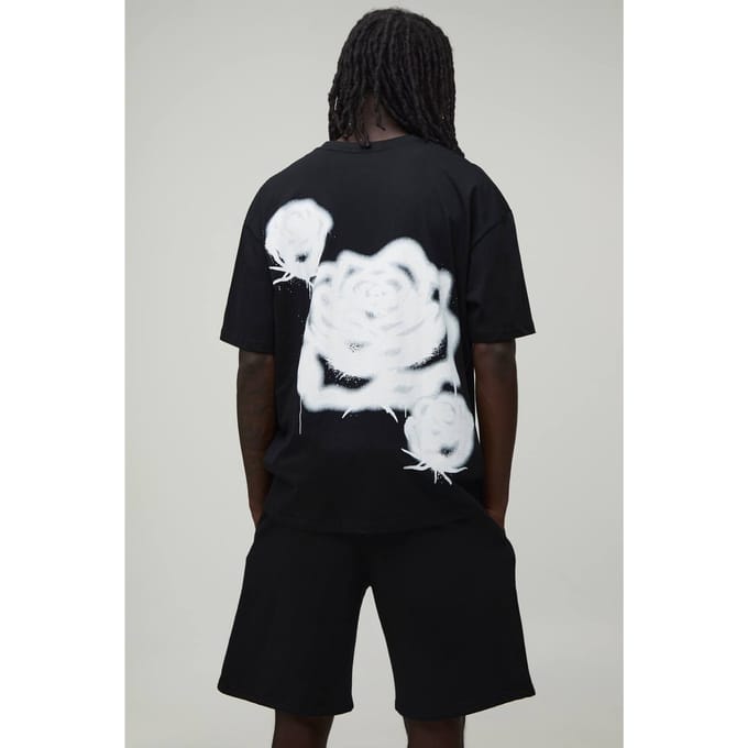 Oversized Graffiti Spray Roos T-shirt & Short Set | Black | Size Medium