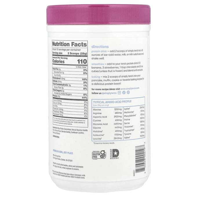 Gewoon Tera's, Grasgevoerd, Gewoon Puur Wei Eiwit, Bourbon Vanille, 12 oz (340 g)