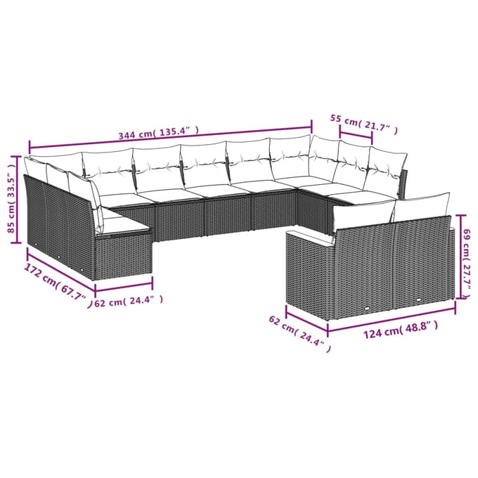 vidaXL - 12-delige - Loungeset - met - kussens - poly - rattan - beige