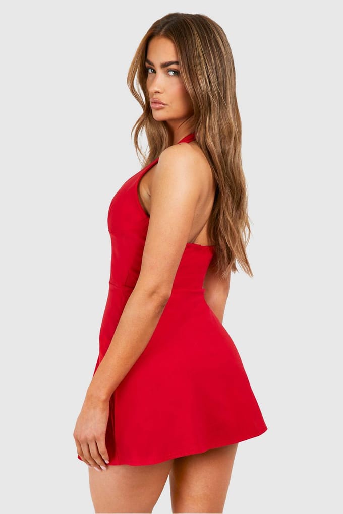 boohoo Dames Bengaline Plunge A-lijn Mini Jurk | Rood | Maat: 46