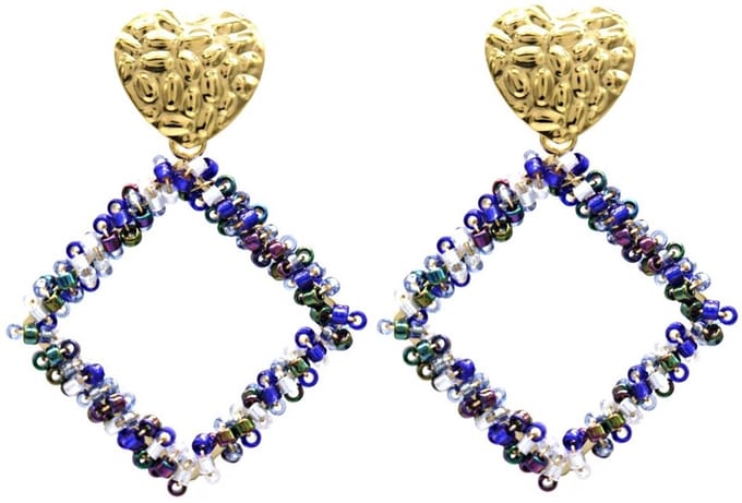 Oorbellen - Hart met Glaskralen - RVS - 5 cm - Blauw – valentijn – cadeau