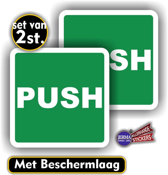 Jerma - PUSH - Sticker - set 2 stuks - 14 x 14 cm - Zelfklevend - Krasbestendig - Weerbestendig