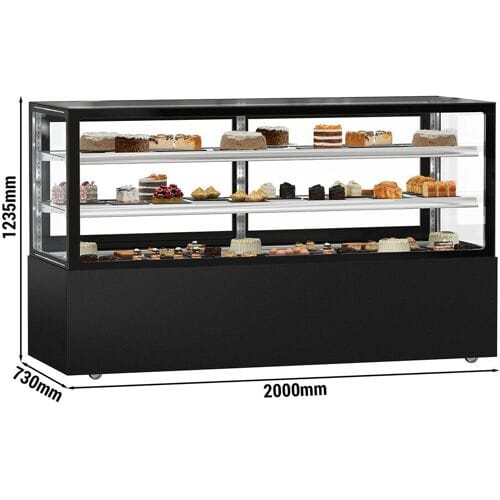 GGM Gastro Gekoelde gebaksvitrine MADRID - 890 liter - 2000mm - schuifdeuren - met 2 glazen plateaus - zwart mat - NL zwart