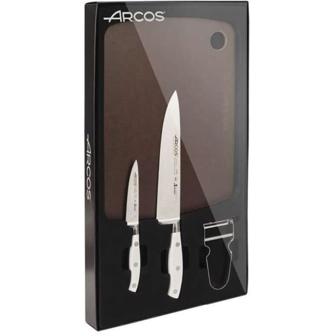Coffret de Couteaux - ARCOS - Riviera Blanc - 2 Couteaux - Planche à Découper - Éplucheur