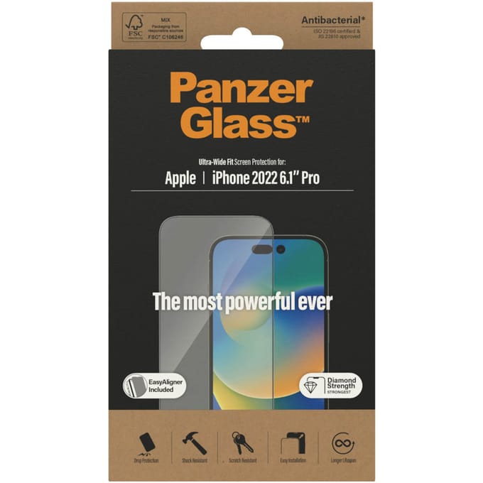 PanzerGlass Screenprotector geschikt voor Apple iPhone 14 Pro Glazen | PanzerGlass Ultra-Wide Fit Screenprotector - Case Friendly + Installatie Frame
