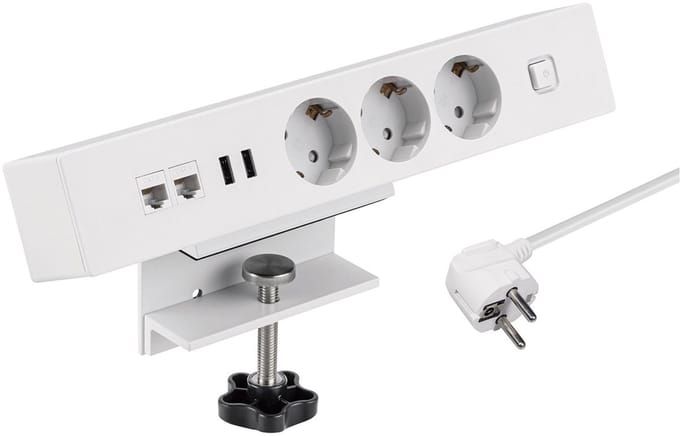 MaxTrack stekkerdoos met 3 contacten, 2x USB en 2x RJ45 - voor aan bureau / wit - 1,8 meter