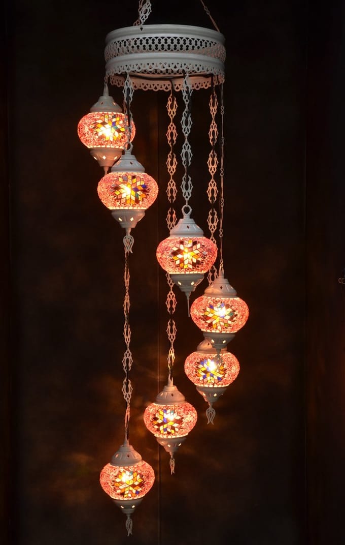 Hanglamp multicolour roze glas mozaïek Oosterse lamp kroonluchter Crèmewit 7 bollen