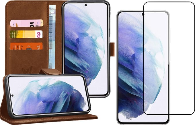 Hoesje geschikt voor Samsung Galaxy S21 Plus - Screen Protector FullGuard - Book Case Kunstleer Pasjeshouder Bruin & Screenprotector