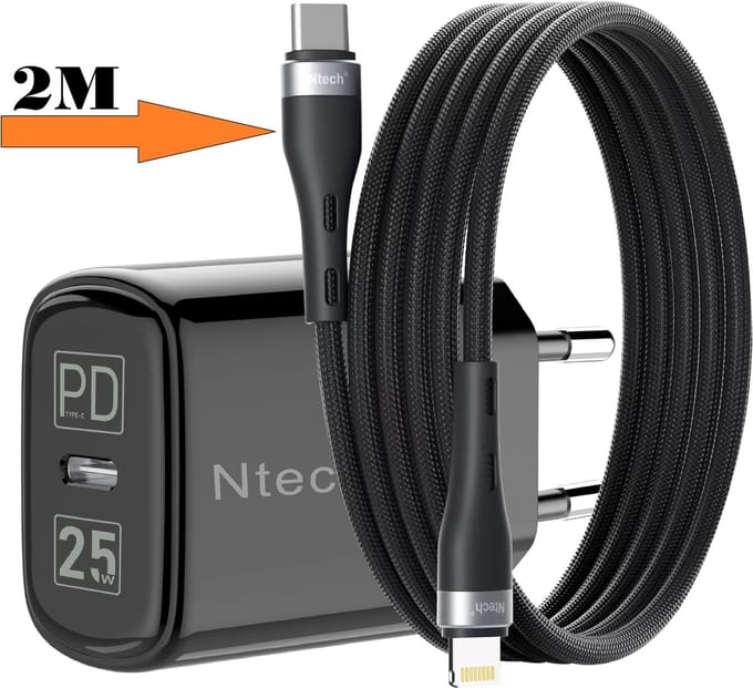 25W USB C Adapter / Oplader met 2m USB C naar Lightning Nylon Kabel - Snellader