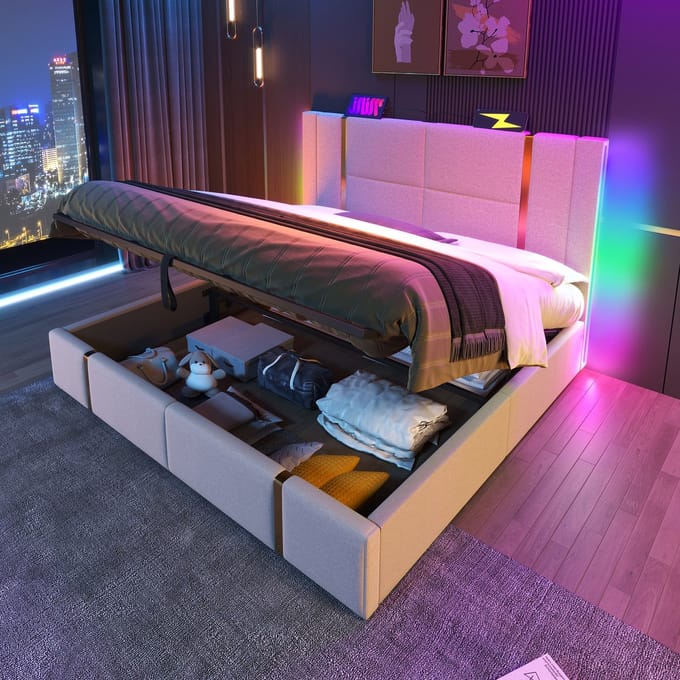 SINGULARITY-Gestoffeerd tweepersoonsbed USB Type C APP-Control LED 140x200 opbergbedden bedframe- beige linnen stof met matras