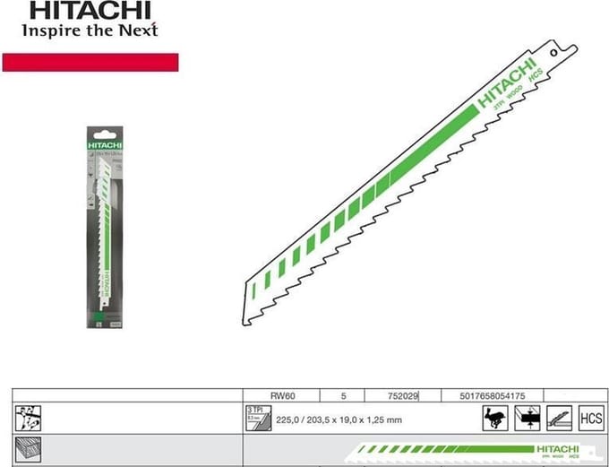 HiKOKI 752029 RW60 Reciprozaagblad - 225 x 3TPI - Hout (5st)